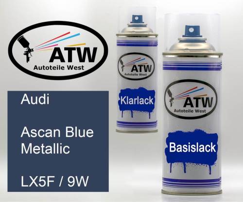 Audi, Ascan Blue Metallic, LX5F / 9W: 400ml Sprühdose + 400ml Klarlack - Set, von ATW Autoteile West.